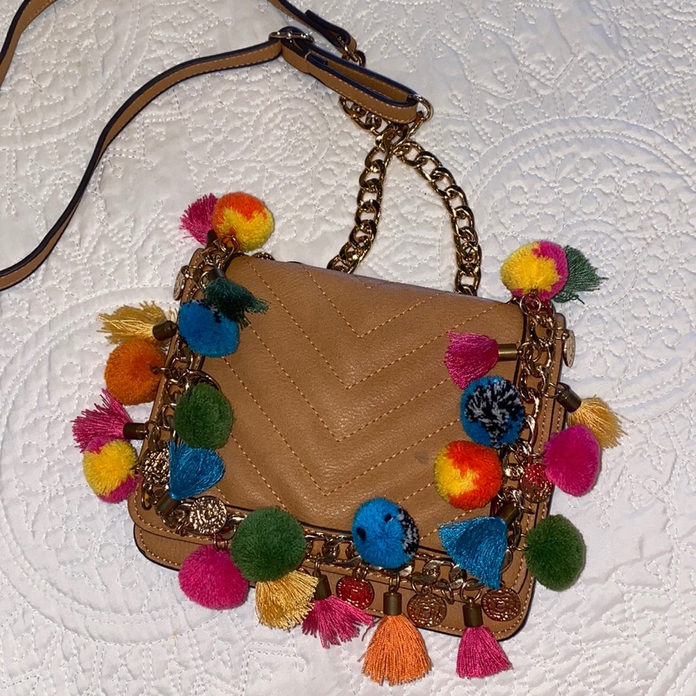 Aldo Pom Pom camel crossbody bag
